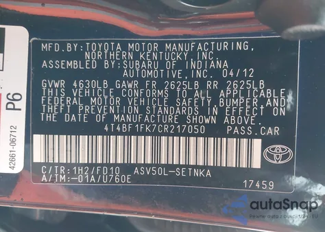 2012 Toyota Camry Le from USA, damaged, VIN 4T4BF1FK7CR217050
